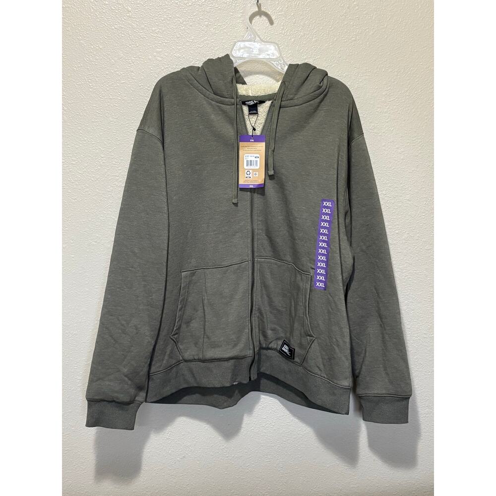NWT Men’s Military Green Eddie Bauer Faux Shearling Lined Hoodie Full Zip XXL 2X